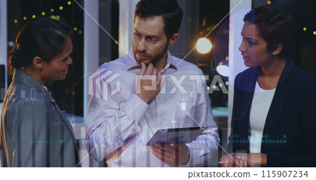Image of financial data processing over diverse group of business people Image of financial data processing over diverse group of business people 115907234