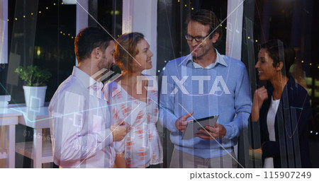 Image of statistics and financial data processing over diverse business people using laptop 115907249