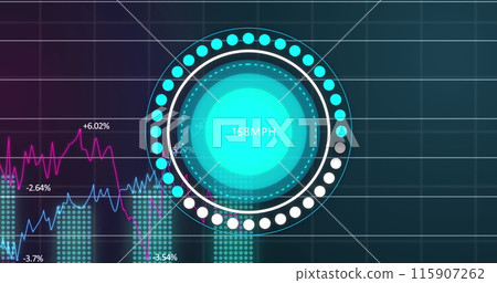 Image of graphs, circle and data on navy background 115907262