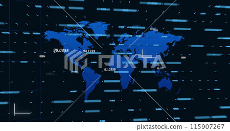 Image of graphs, world map and numbers on black background 115907267