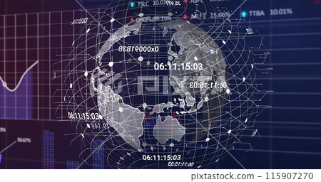 Image of globe with data processing over black background Image of globe with data processing over black background 115907270