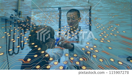 Microprocessor connections against asian male doctor teaching to use asthma inhaler to caucasian boy Microprocessor connections against asian male doctor teaching to use asthma inhaler to caucasian boy 115907278