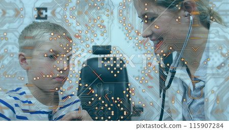 Microprocessor connections against caucasian female doctor examining caucasian boy at hospital 115907284