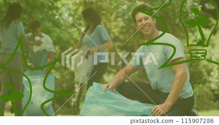 Image of ecology icons over diverse volunteers segregating waste 115907286
