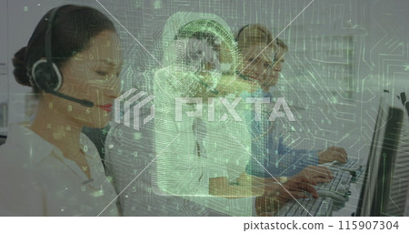 Image of data processing with padlock icon over diverse business people in office 115907304