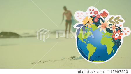 Image of globe icon over african american female volunteer segregating waste 115907330