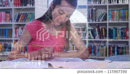 Image of globe and graph over caucasian girl learning in library Image of globe and graph over caucasian girl learning in library 115907398