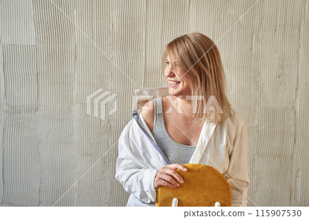 Pretty woman indoors. Home vacation portrait. Blogger selfie video. Alone 115907530