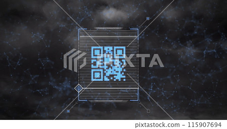 Image of qr code scanner and network of connections against thunder and dark clouds 115907694