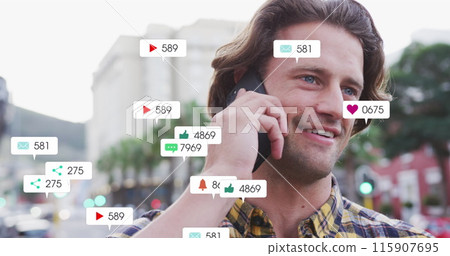 Image of social media icons over caucasian man using smartphone 115907695