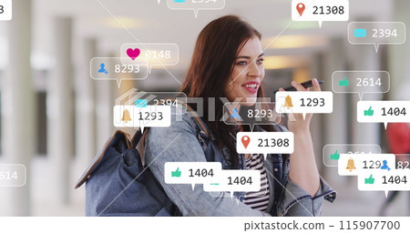 Image of social media icons and numbers over caucasian woman with smartphone 115907700