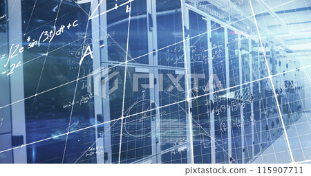 Image of processing data and maths calculations over computer server room 115907711
