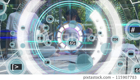 Image of data processing and 6g texts over asian mother and daughter in garden Image of data processing and 6g texts over asian mother and daughter in garden 115907783