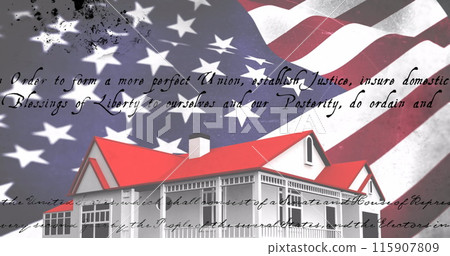 Image of text over house and flag of usa Image of text over house and flag of usa 115907809
