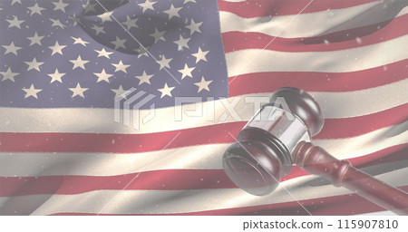 Image of snow falling over gavel and flag of usa Image of snow falling over gavel and flag of usa 115907810
