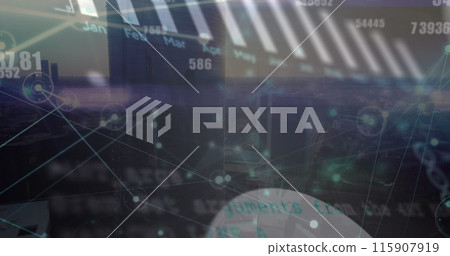 Image of changing numbers and statistical data processing against aerial view of cityscape Image of changing numbers and statistical data processing against aerial view of cityscape 115907919