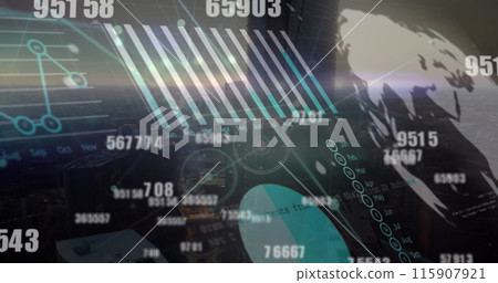 Image of changing numbers and statistical data processing against aerial view of cityscape 115907921