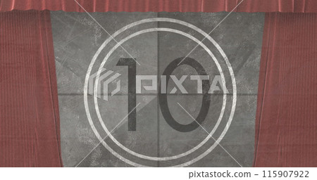 Image of movie vintage countdown in circle over brown curtains 115907922