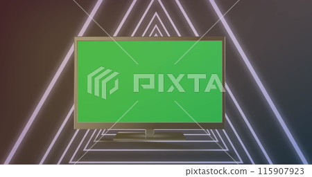 Image of digital television with green blank screen and looping illuminated triangular tunnel Image of digital television with green blank screen and looping illuminated triangular tunnel 115907923