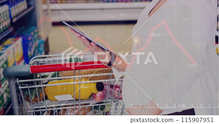 Image of financial data and graphs over caucasian woman doing shopping with tablet Image of financial data and graphs over caucasian woman doing shopping with tablet 115907951