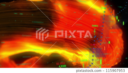 Image of data processing over fire on black background Image of data processing over fire on black background 115907953