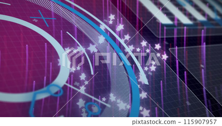 Image of data processing and stars over light trails on purple background Image of data processing and stars over light trails on purple background 115907957