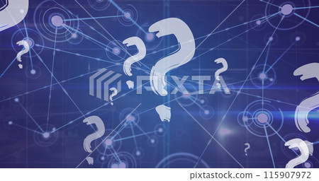 Image of question marks over network of connections on blue background Image of question marks over network of connections on blue background 115907972