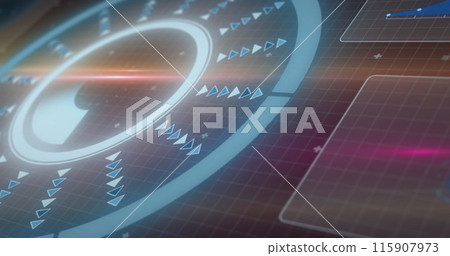 Image of data processing over light trails on purple background 115907973