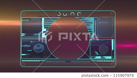 Image of data processing over light trails on purple background Image of data processing over light trails on purple background 115907978