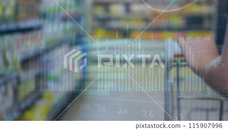 Image of financial data and graphs over hands of caucasian woman with shopping cart 115907996