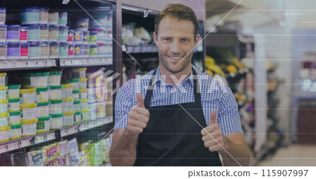 Image of data processing over caucasian male worker in shop 115907997