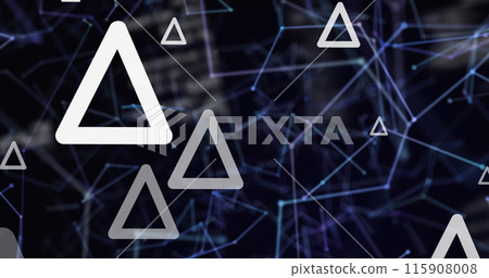 Image of triangles over network of connections and data processing on black background Image of triangles over network of connections and data processing on black background 115908008