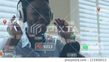 Image of social media icons with growing numbers over african american woman wearing headphones 115908013