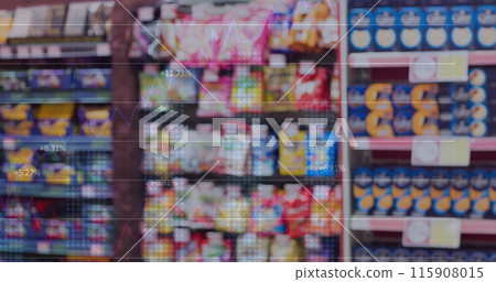 Image of financial data and graphs over blurred market 115908015