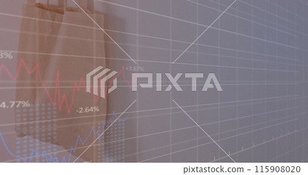 The image shows a stock market display with red and blue numbers and graphs 115908020
