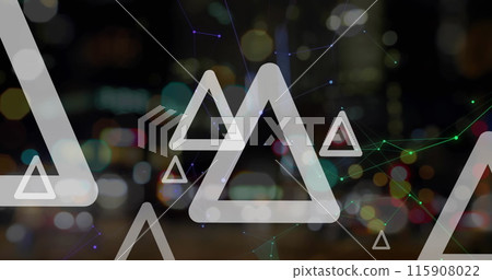 Image of triangles over network of connections and spots on black background Image of triangles over network of connections and spots on black background 115908022