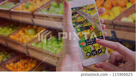 Image of financial data over hands of caucasian woman with smartphone doing shopping 115908025