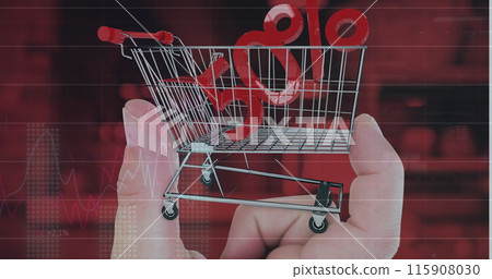 Image of data processing over 50 percent and hand with shopping cart Image of data processing over 50 percent and hand with shopping cart 115908030