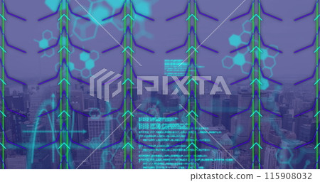 Image of data processing over shapes and cityscape 115908032
