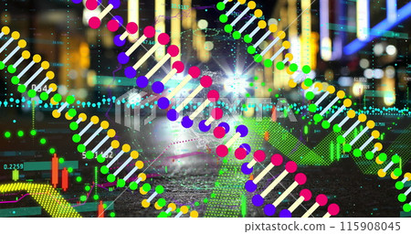 Image of data processing over dna strands and cityscape 115908045