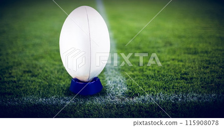 Image of falling covid 19 cells over american football ball 115908078