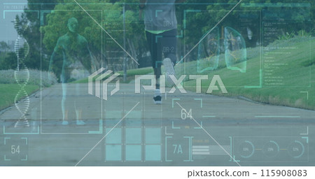 Image of digital screen over african american man with prosthetic legs training in park Image of digital screen over african american man with prosthetic legs training in park 115908083
