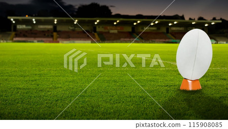 Image of falling covid 19 cells over american football ball Image of falling covid 19 cells over american football ball 115908085