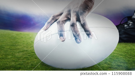 Image of falling covid 19 cells over american football ball Image of falling covid 19 cells over american football ball 115908088