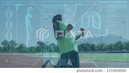 Image of digital screen over african american man with running blade training at stadium Image of digital screen over african american man with running blade training at stadium 115908090