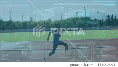 Image of digital screen over african american man with running blade training at stadium Image of digital screen over african american man with running blade training at stadium 115908091