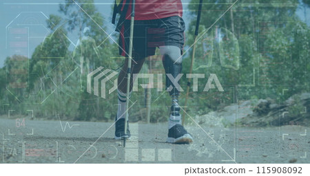 Image of digital screen over african american man with prosthetic legs training on road Image of digital screen over african american man with prosthetic legs training on road 115908092