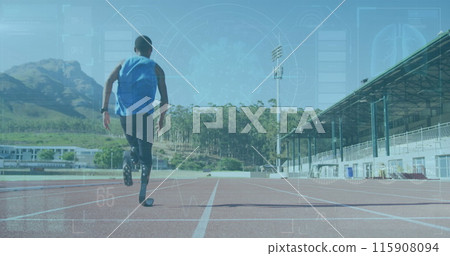 Image of digital screen over african american man with running blade training at stadium Image of digital screen over african american man with running blade training at stadium 115908094