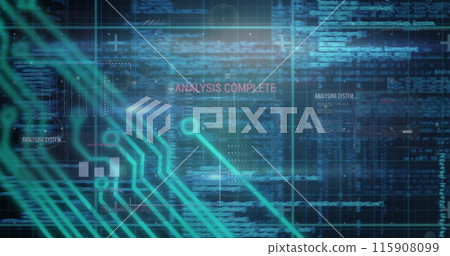 Image of multiple words, programming language and circuit board pattern over abstract background 115908099