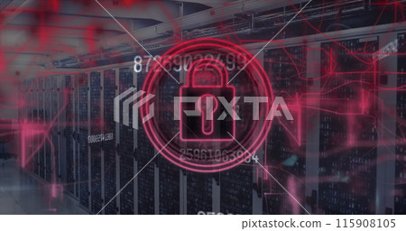Image of padlock in circle, numbers and abstract pattern against server room in background 115908105